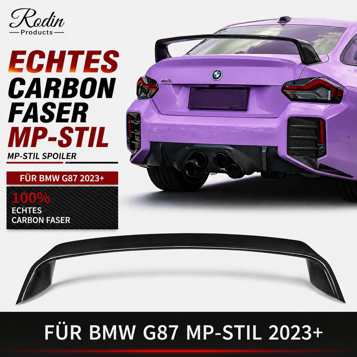 Echtcarbon-High-Wing-Heckspoiler im MP-Design passend für BMW M2 G87 – montierte Heckansicht und Produkt