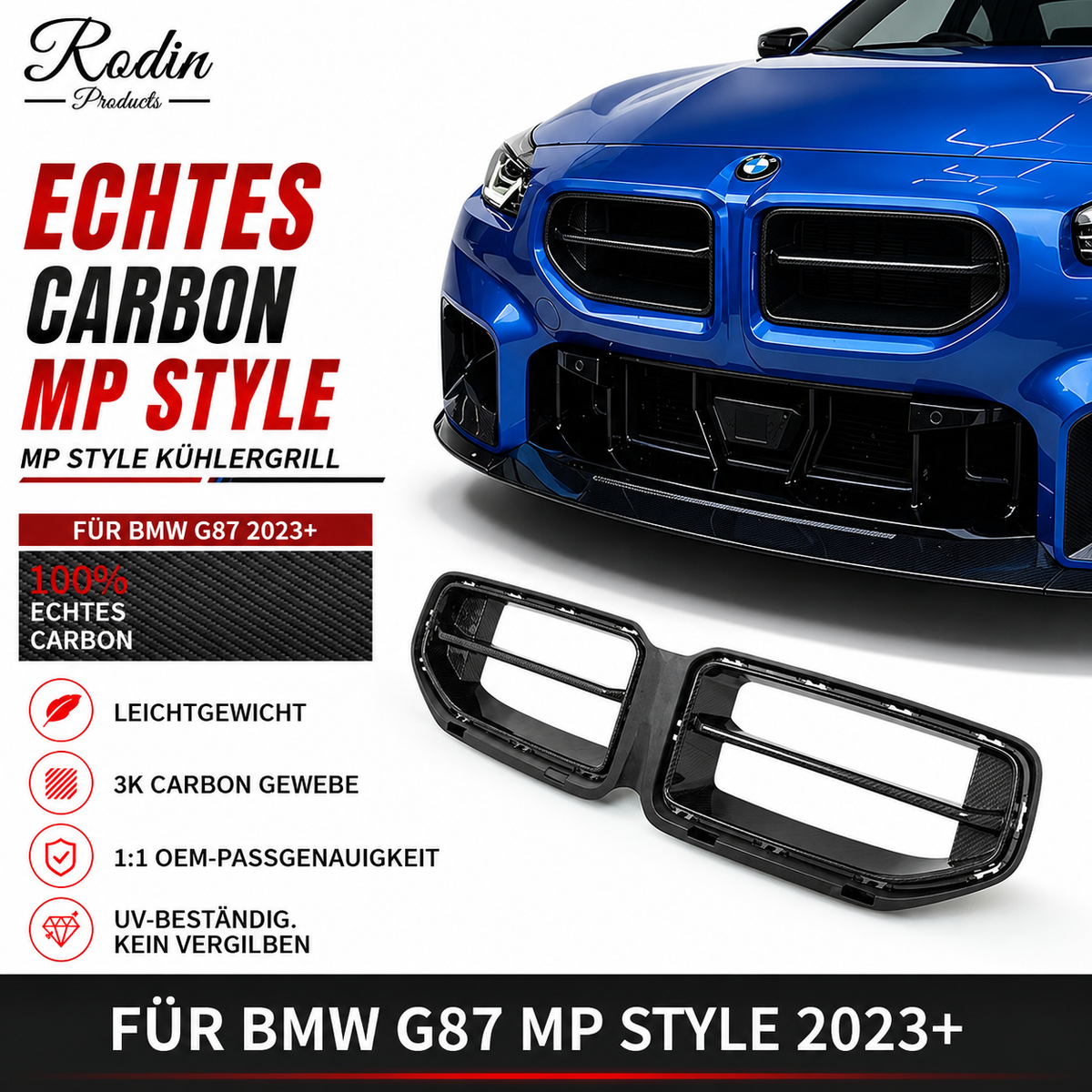 Echtcarbon-M-Performance-Design-Kühlergrill passend für BMW M2 G87 – Fahrzeug- und Produktansicht