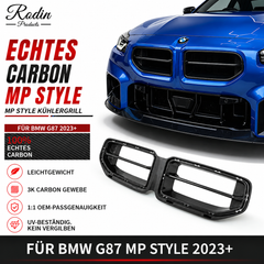 Echtcarbon-M-Performance-Design-Kühlergrill passend für BMW M2 G87 – Fahrzeug- und Produktansicht