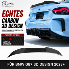 Echtcarbon-Heckspoiler im 3D-Design passend für BMW M2 G87 – montierte Heckansicht und Produkt