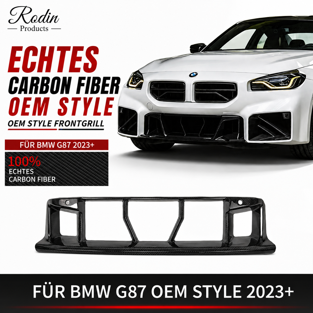 Echtcarbon-Frontgrill im OEM-Design passend für BMW M2 G87 – Fahrzeug- und Produktansicht