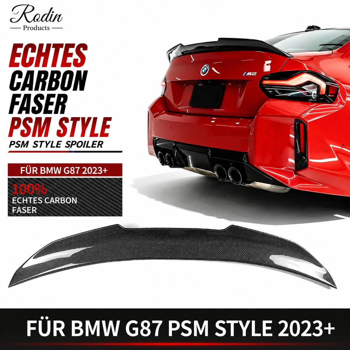 Echtcarbon-Heckspoilerlippe im PSM-Design passend für BMW M2 G87 – montierte Heckansicht und Produkt